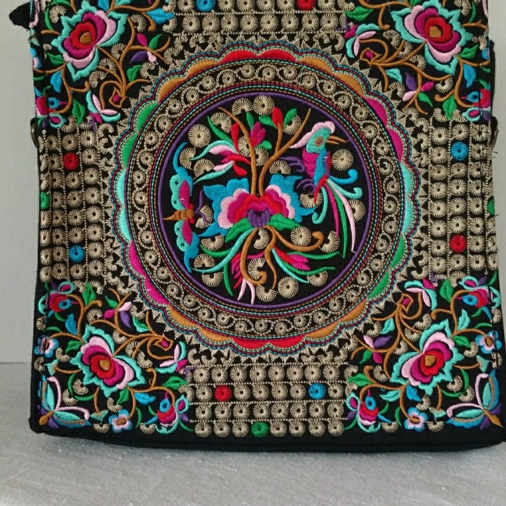 Embroidered bag.  Black with multi colors